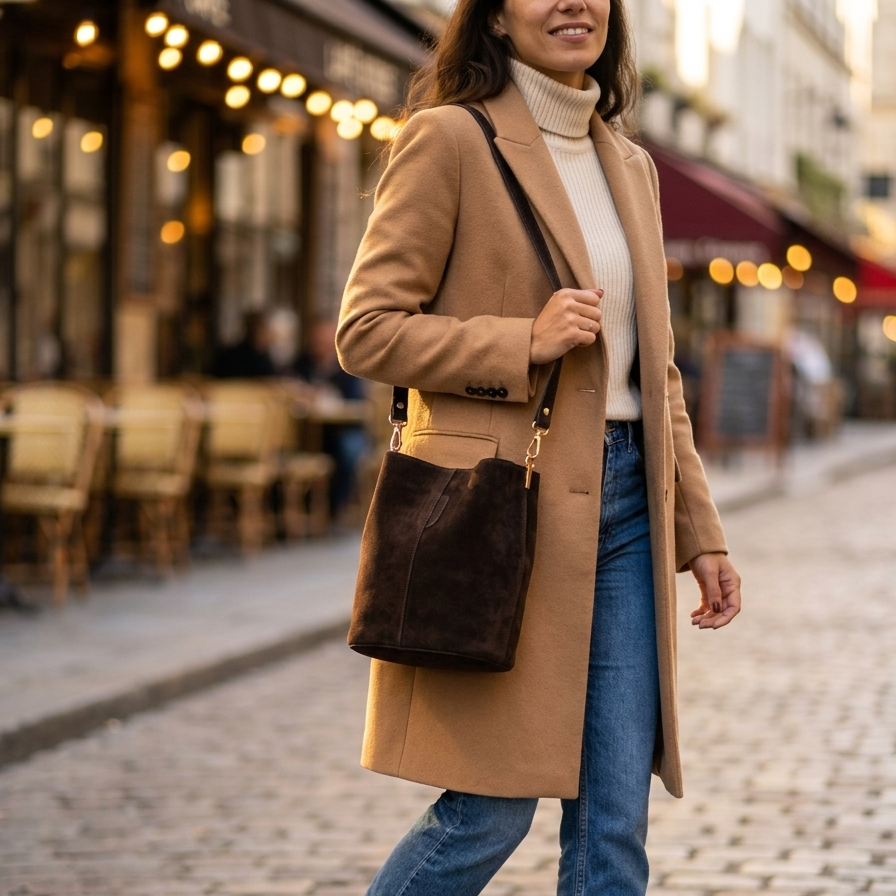 Bucket Bag em Camurça — Pele Italiana Genuína